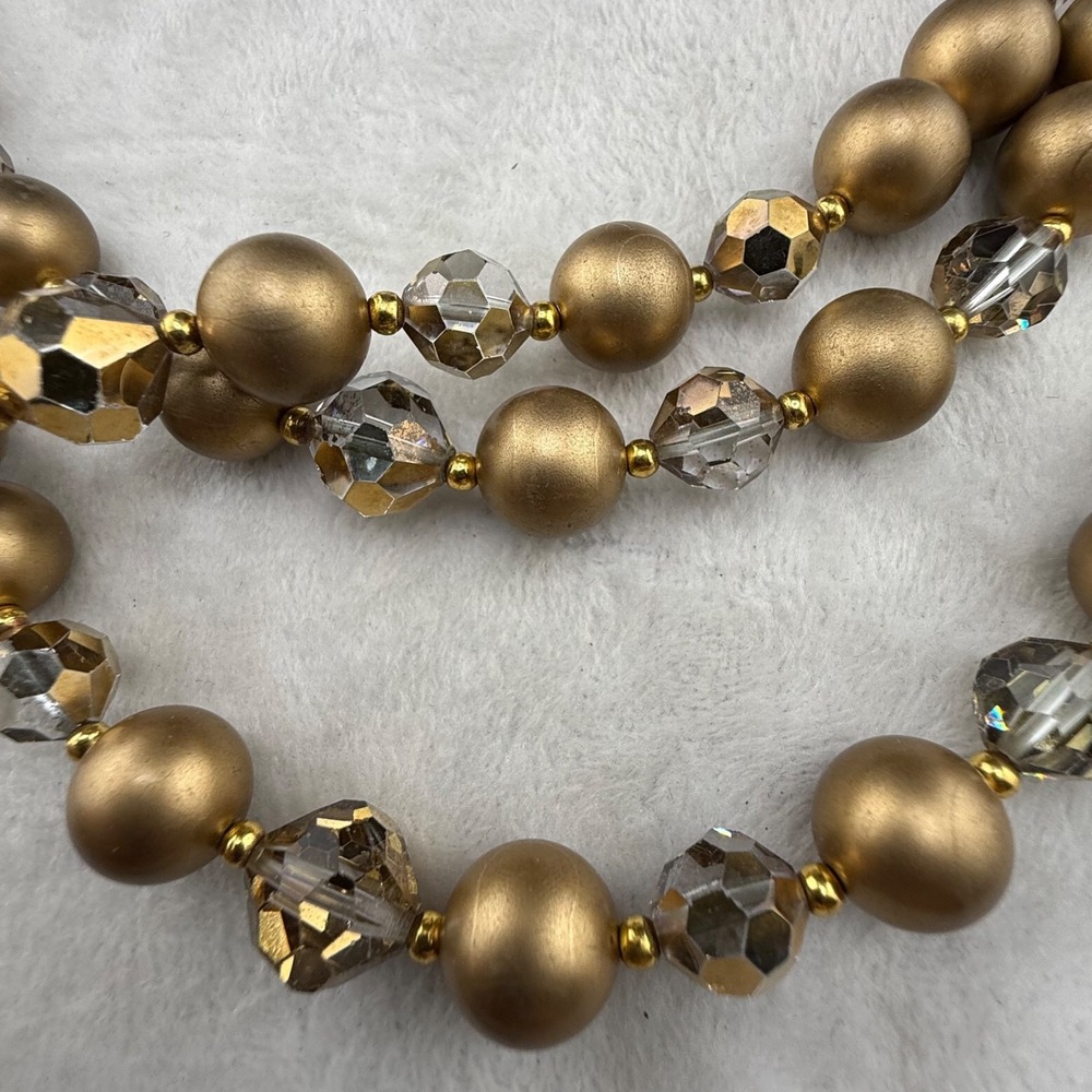 Vintage Beaded Necklace Multi Strand Layered Gold Tone Green 22”